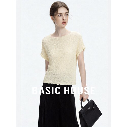 Basic House/百家好米白色简约圆领短袖T恤女夏季莱赛尔薄款上衣