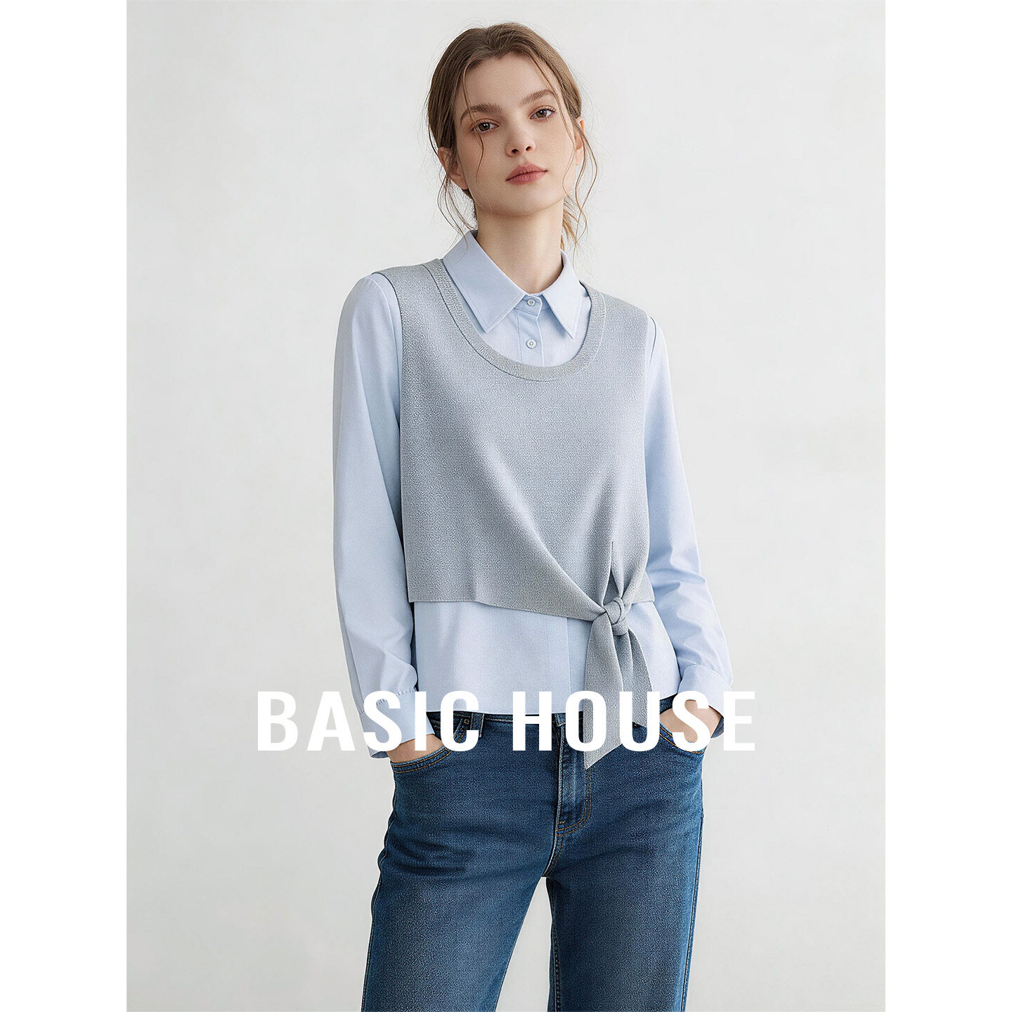 Basic House/百家好假两件拼接衬衫秋新款女针织马甲宽松显瘦上衣