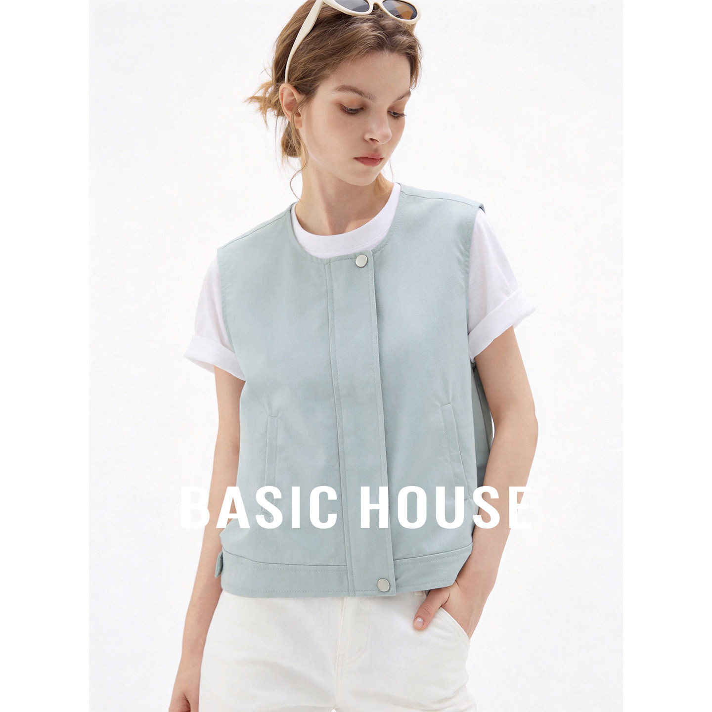 Basic House/百家好撞色圆领两面穿马甲2026夏季宽松叠穿外搭坎肩