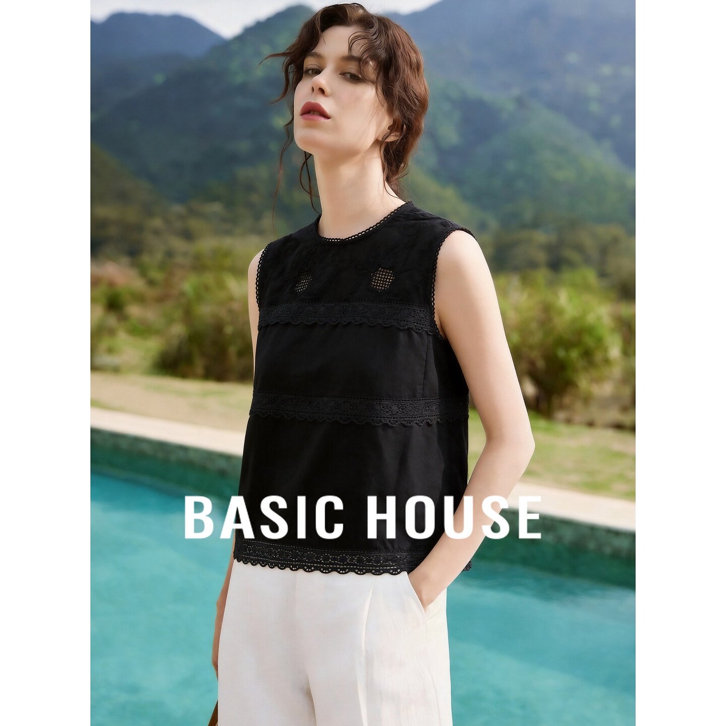 Basic House/百家好花边无袖背心女白色镂空钩花宽松百搭薄款上衣