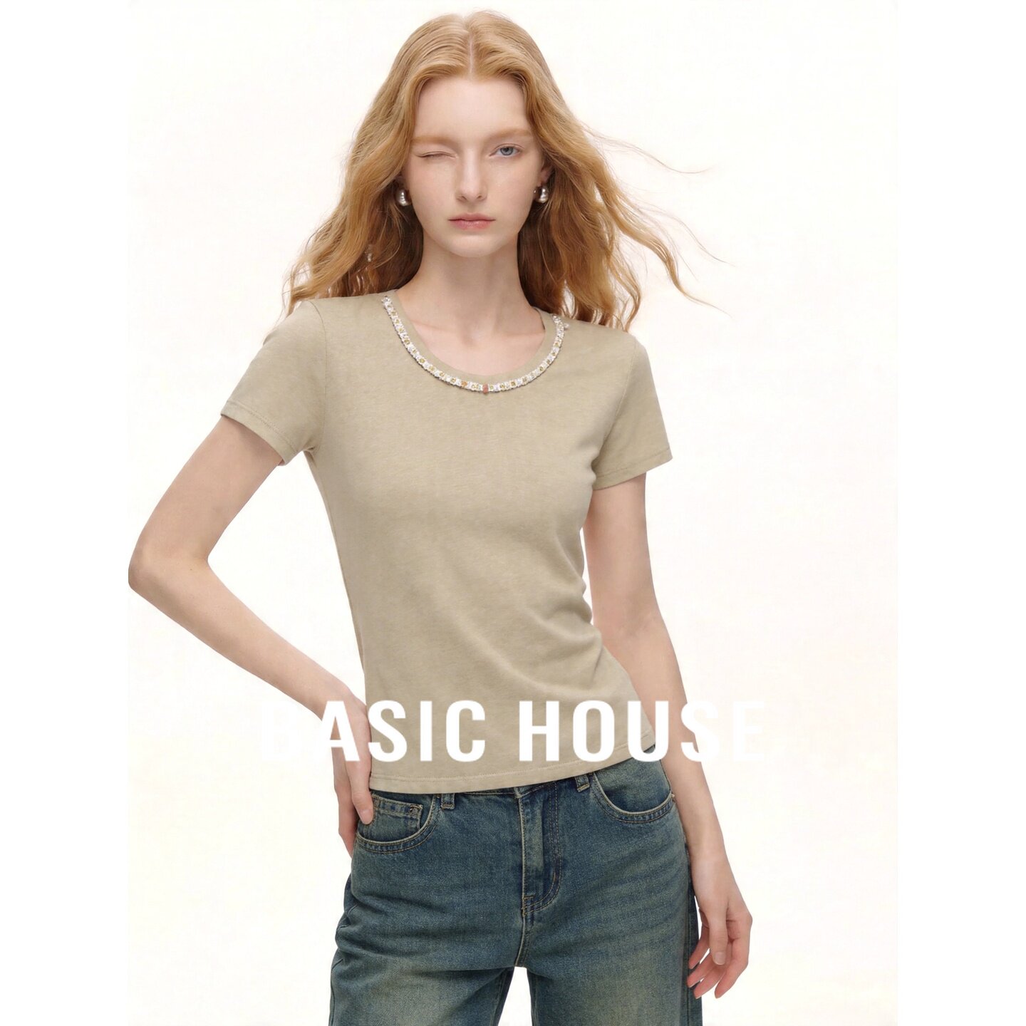 Basic House/百家好法式珍珠圆领短袖T恤女2026夏季修身显瘦上衣