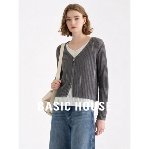 Basic House/百家好撞色V领假两件针织开衫女夏长袖拉链显瘦上衣