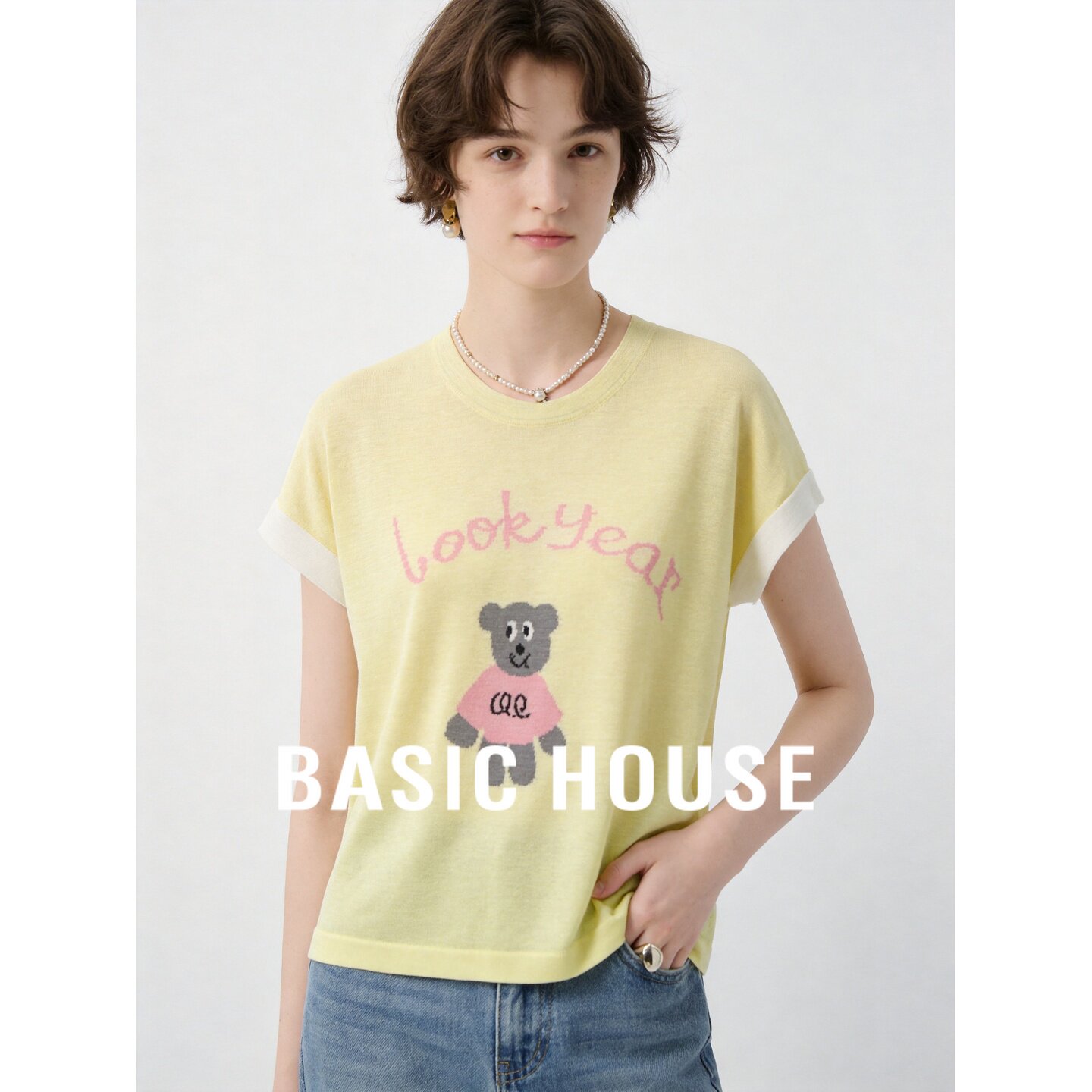 Basic House/百家好袖口撞色短袖针织衫女夏季卡通刺绣减龄上衣