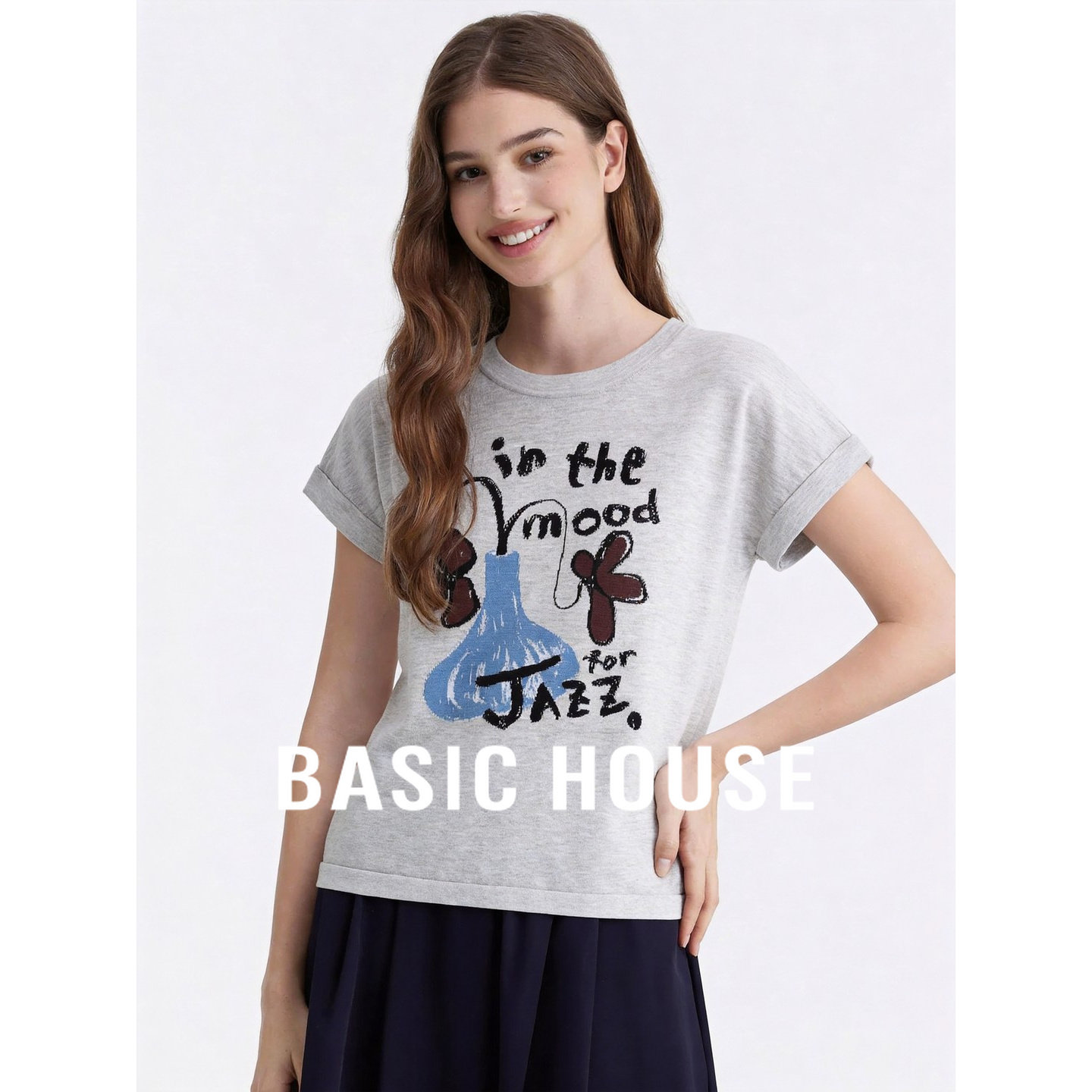Basic House/百家好韩系薄款印花针织衫女短袖圆领套头短款上衣