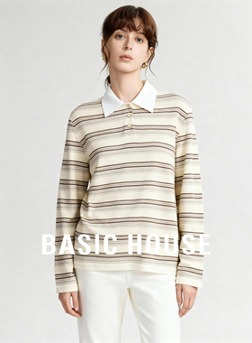 Basic House/百家好polo条纹小众设计长袖T恤女春季百搭舒适上衣