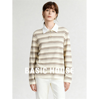 Basic House/百家好polo条纹小众设计长袖T恤女春季百搭舒适上衣