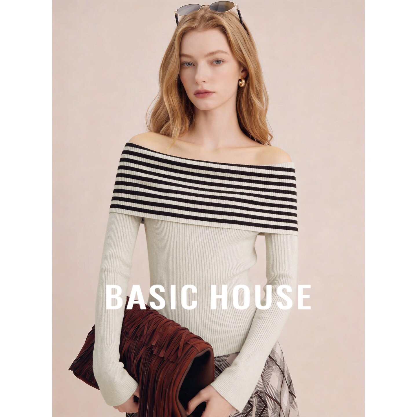 Basic House/百家好韩系一字肩条纹针织衫女秋季长袖修身露肩上衣