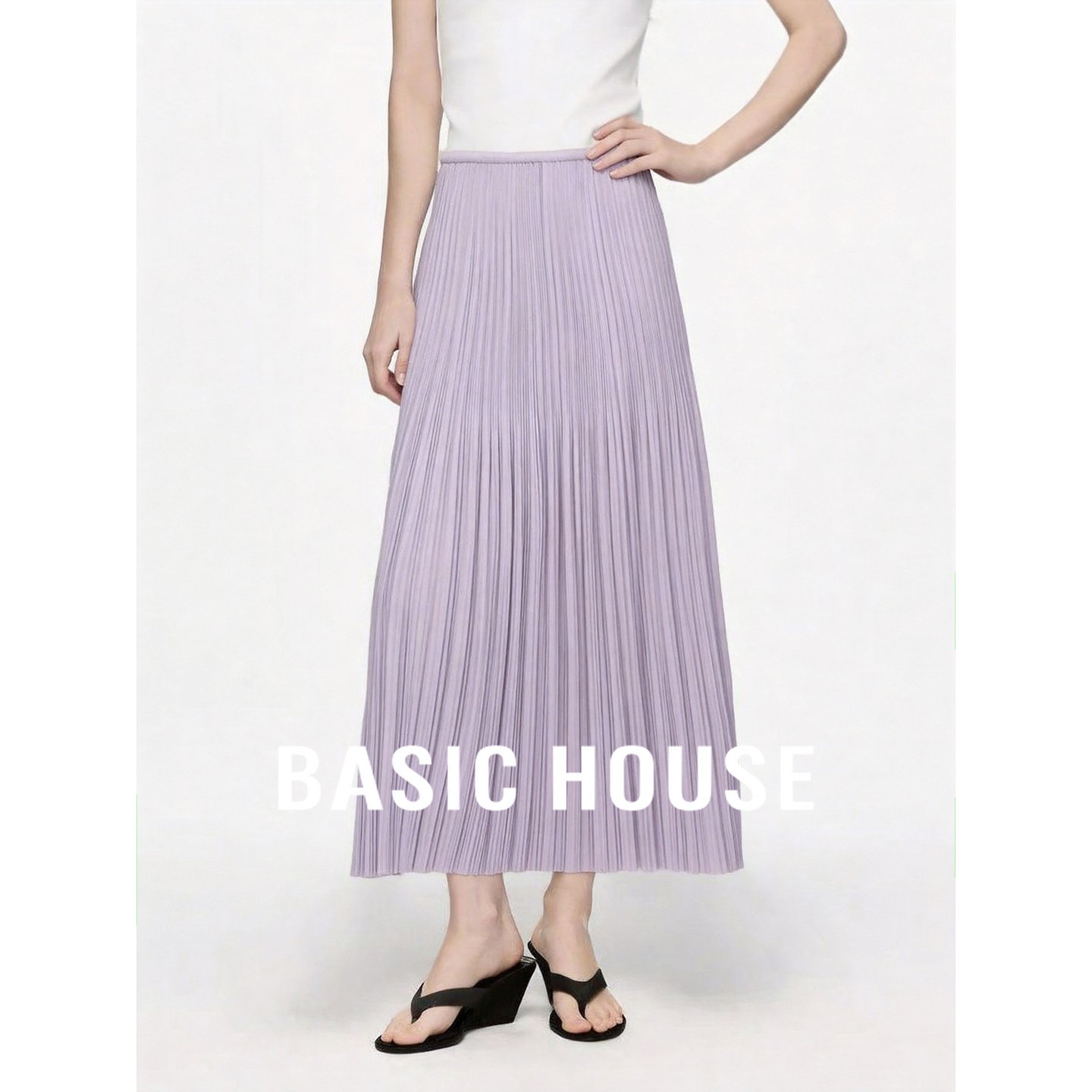 Basic House/百家好温柔气质紫色百褶半身裙女高腰显瘦百搭中长款