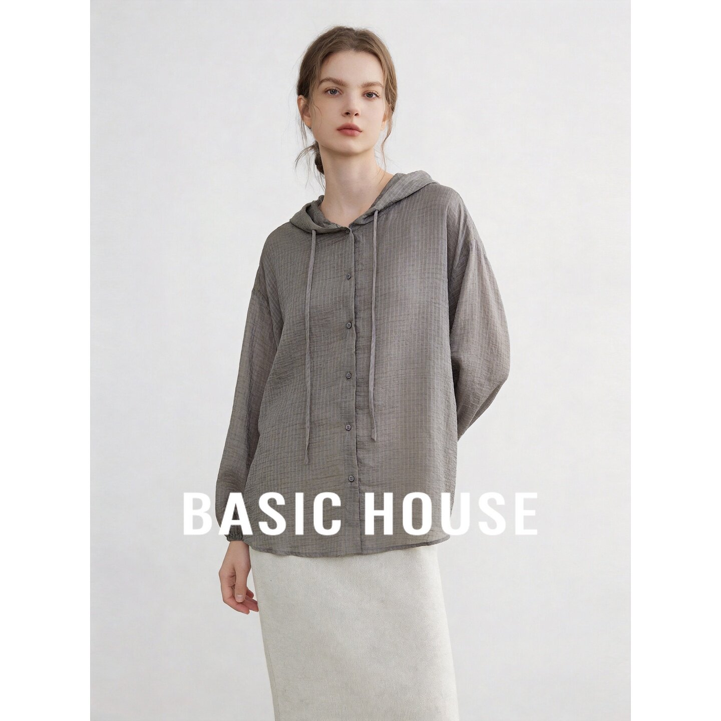 Basic House/百家好莱赛尔连帽衬衫女宽松春秋通勤极简灰色日常
