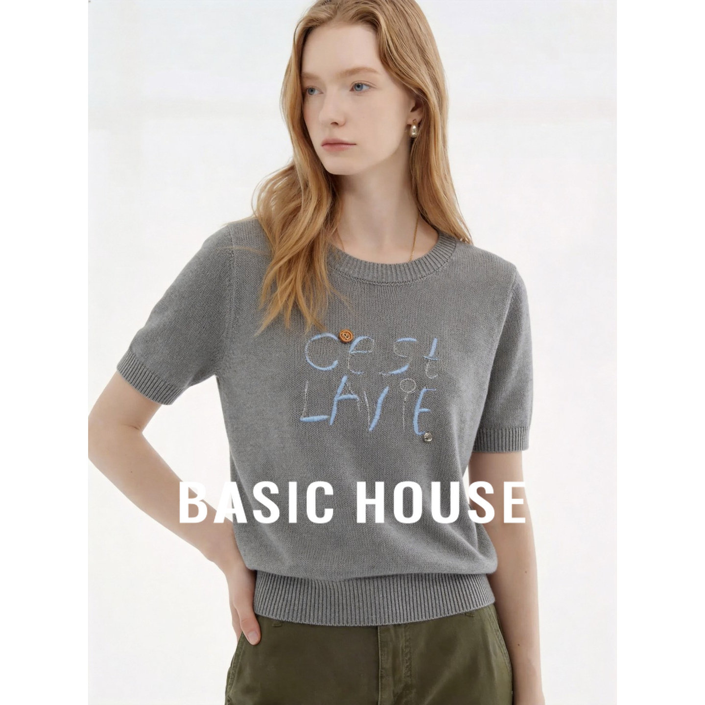 Basic House/百家好灰色气质短袖针织衫女夏季轻薄透气莱赛尔上衣
