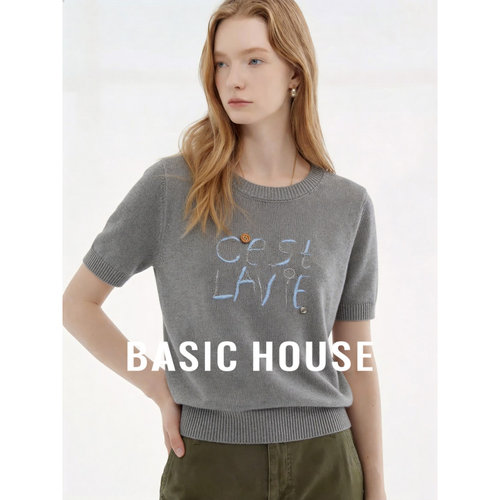 Basic House/百家好灰色气质短袖针织衫女夏季轻薄透气莱赛尔上衣