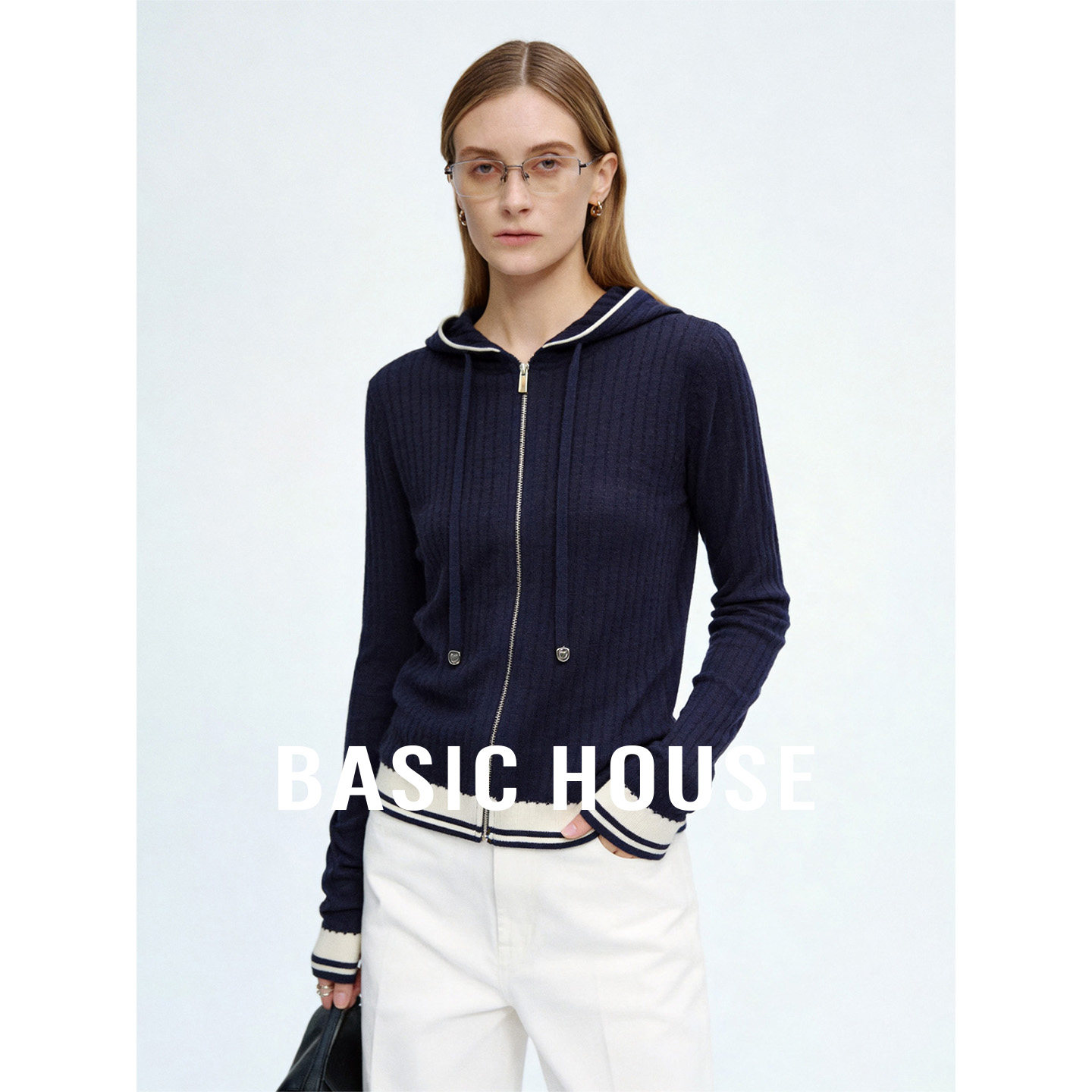 Basic House/百家好撞色连帽短款针织开衫女2026秋季拉链长袖上衣