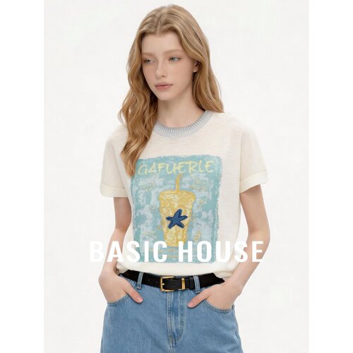Basic House/百家好撞色领印花针织短袖女夏百搭宽松显瘦白色上衣