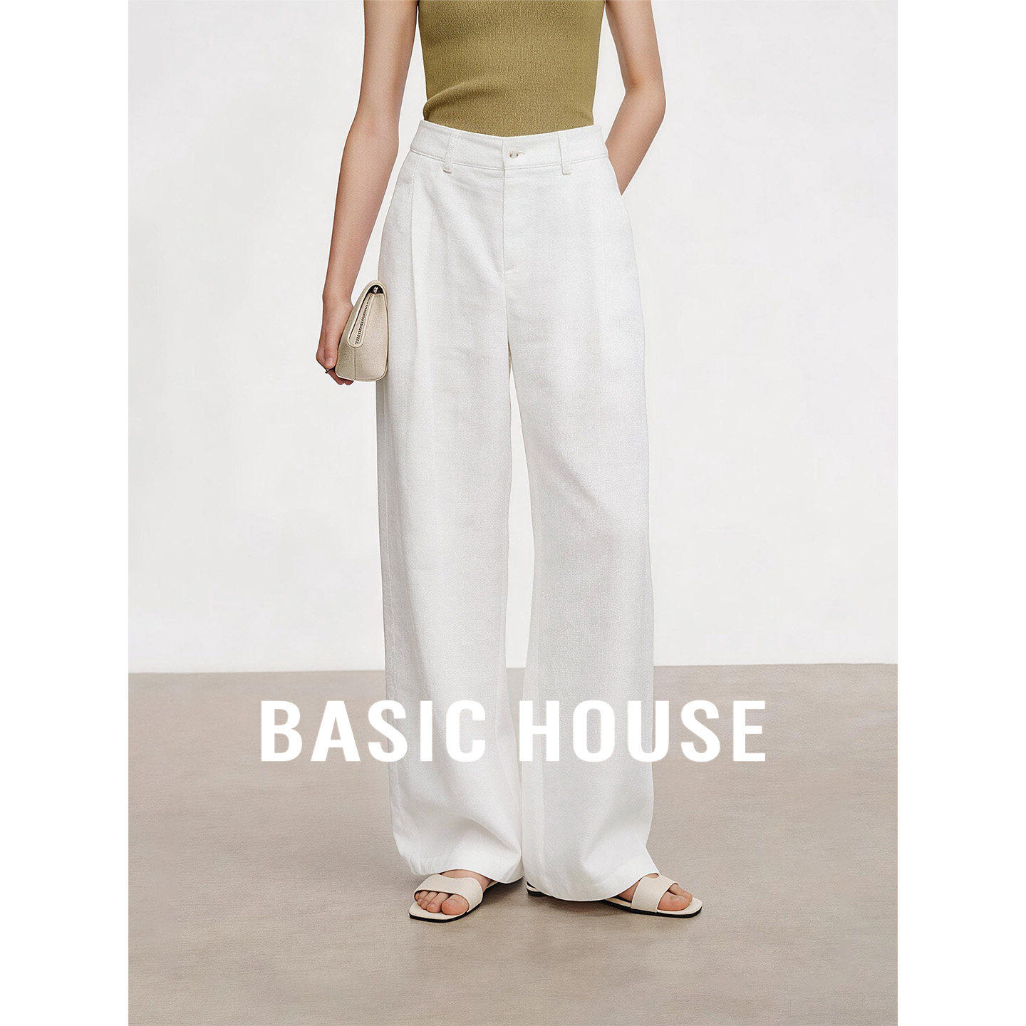 Basic House/百家好白色高腰简约百搭直筒裤女夏莱赛尔高级休闲裤