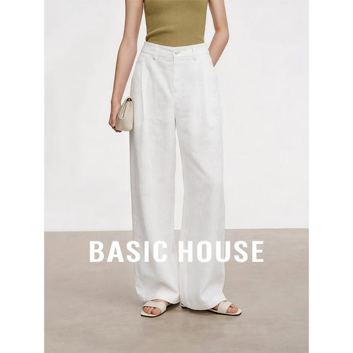 Basic House/百家好白色高腰简约百搭直筒裤女夏莱赛尔高级休闲裤