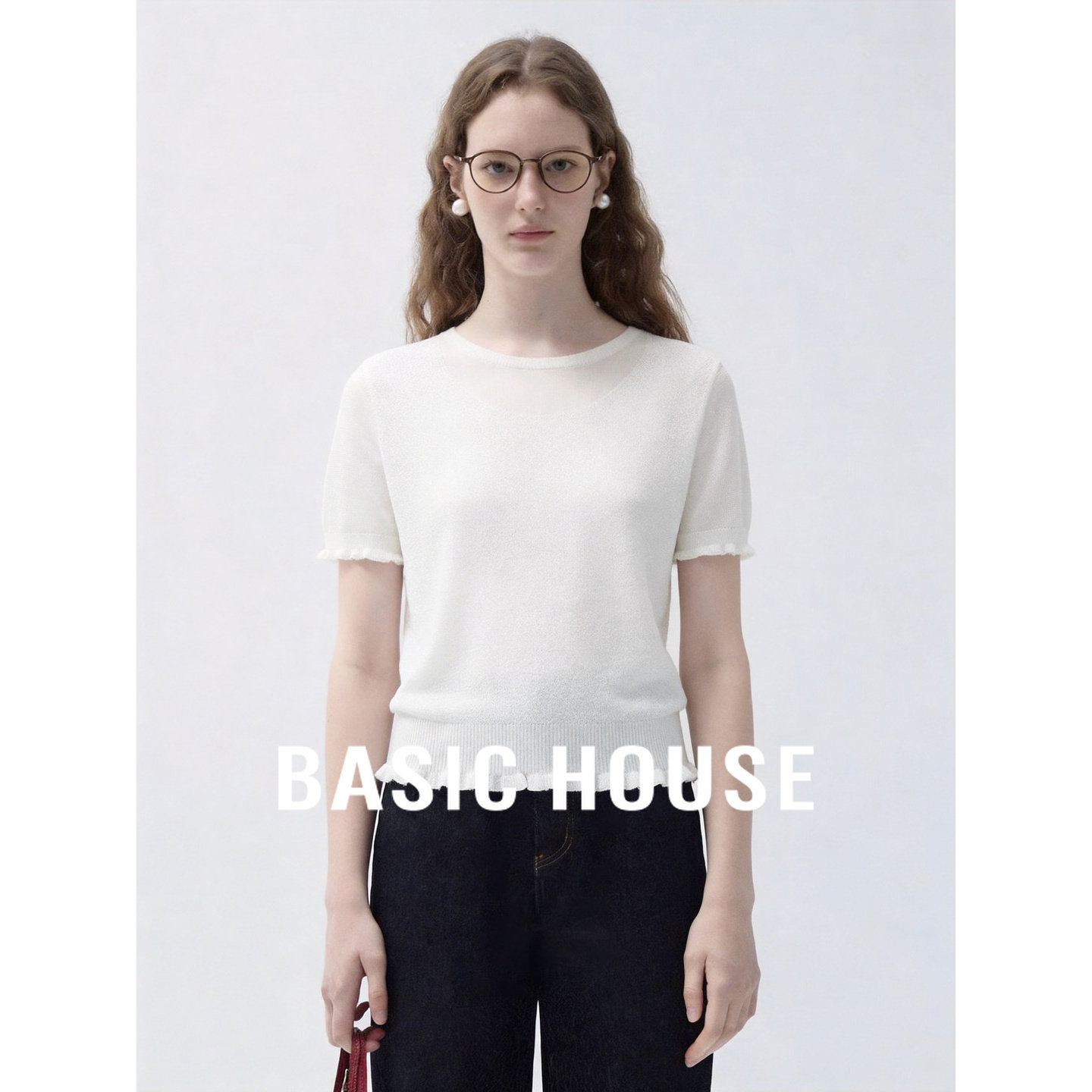 Basic House/百家好极简木耳边短袖针织衫女圆领通勤穿搭日常上衣