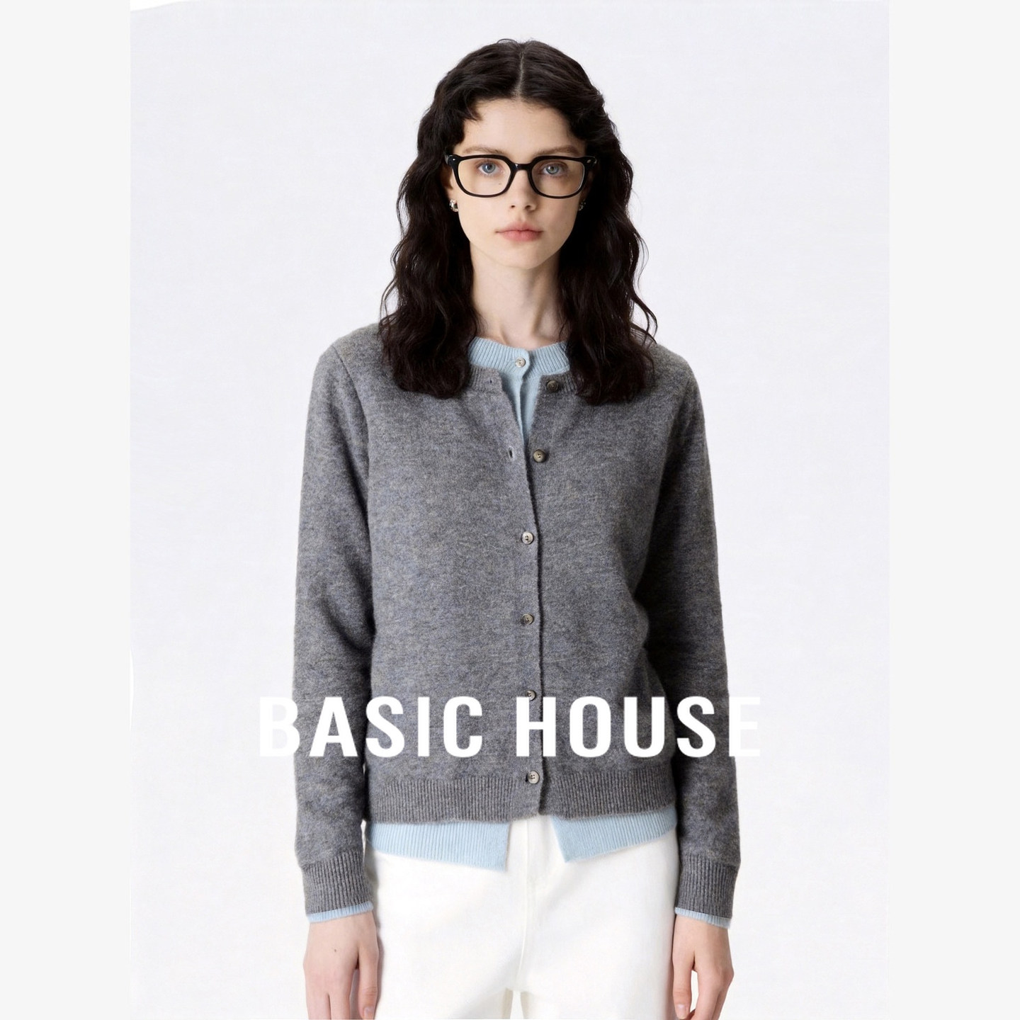 Basic House/百家好假两件羊毛针织开衫女宽松百搭流行款毛衣外套