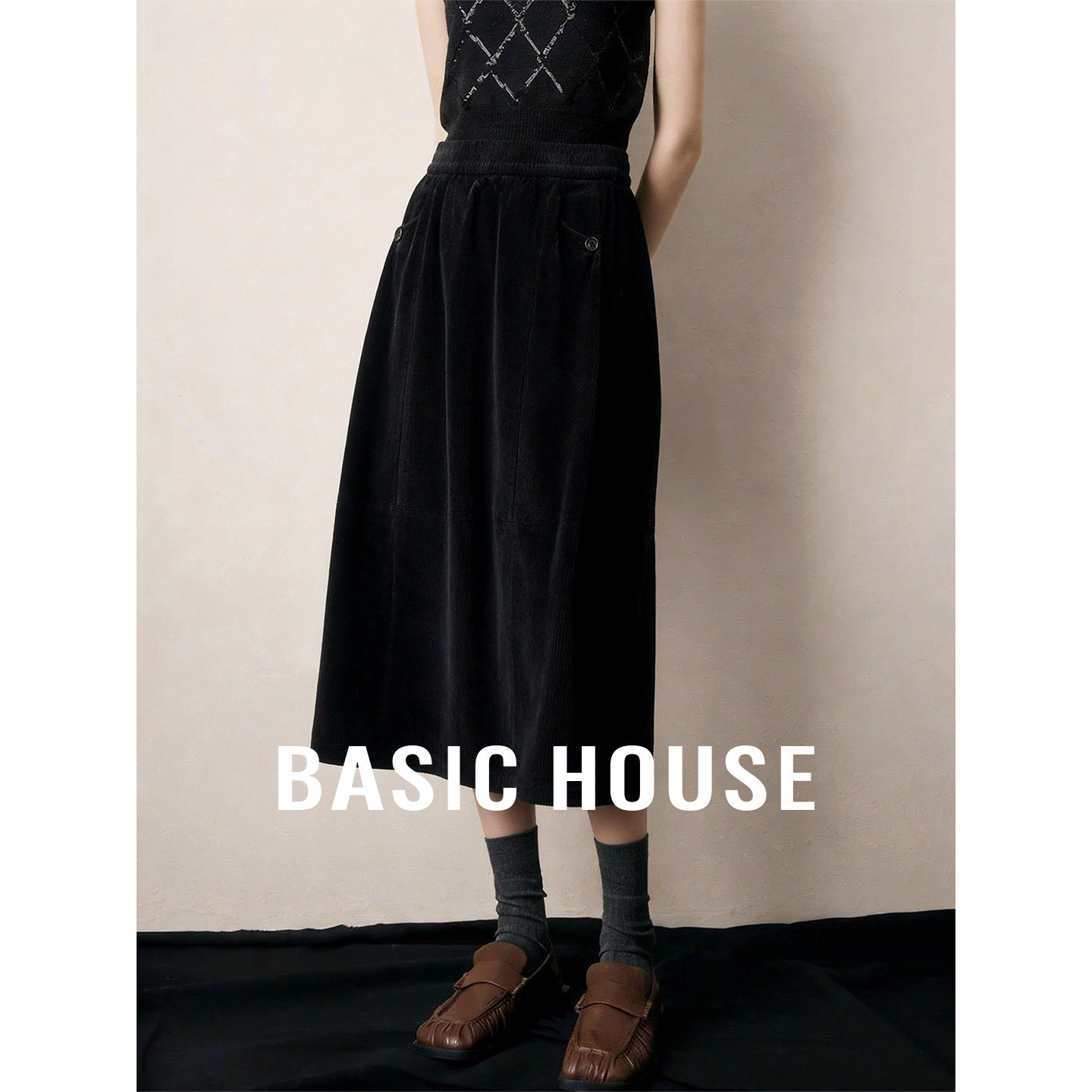 Basic House/百家好黑色松紧腰宽松半身裙女秋季超好看百搭花苞裙
