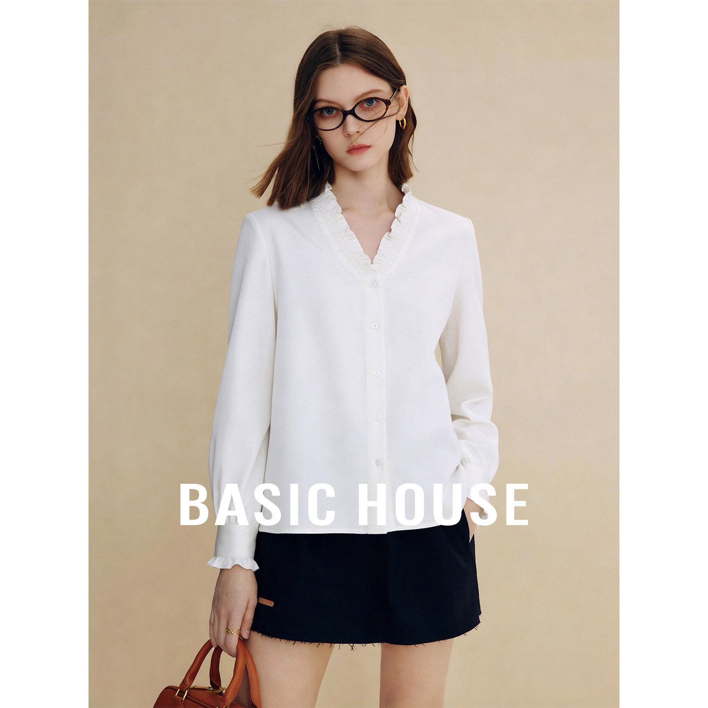 Basic House/百家好荷叶领白色长袖衬衫女秋季法式气质显瘦上衣