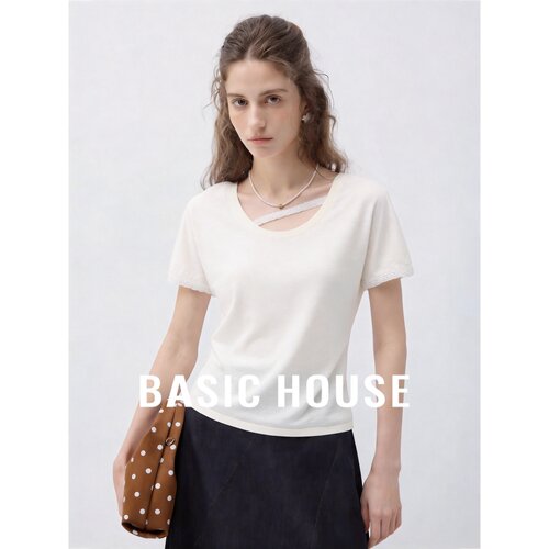 Basic House/百家好莱赛尔简约V领不对称短袖针织衫女夏白色上衣