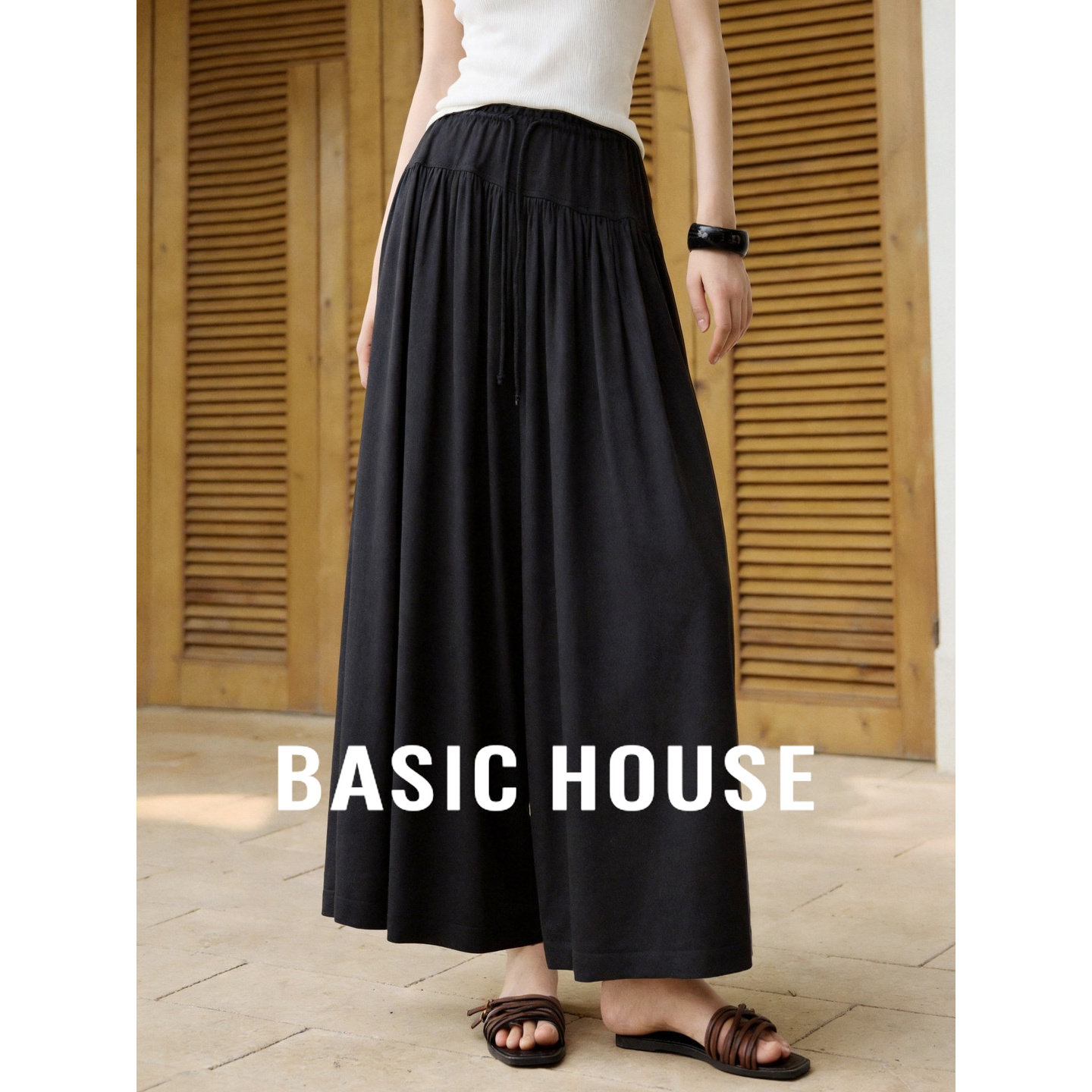Basic House/百家好慵懒风黑色高腰阔腿裤女夏季亚麻薄款休闲长裤