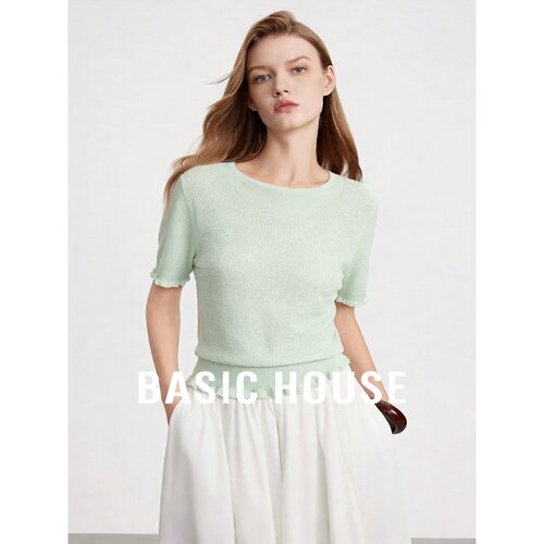 Basic House/百家好浅绿短袖针织上衣女通勤极简日常穿搭圆领设计