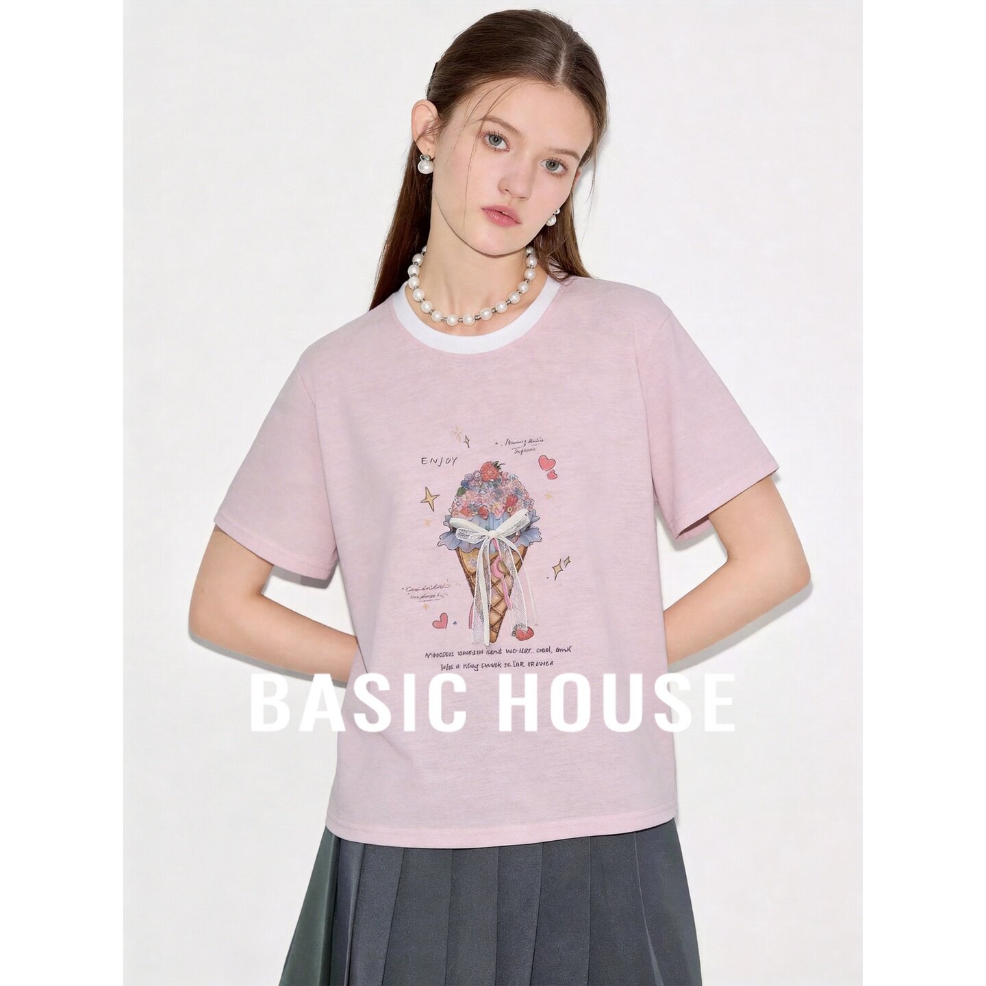 Basic House/百家好粉色冰淇淋印花短袖T恤女夏季甜美风圆领上衣
