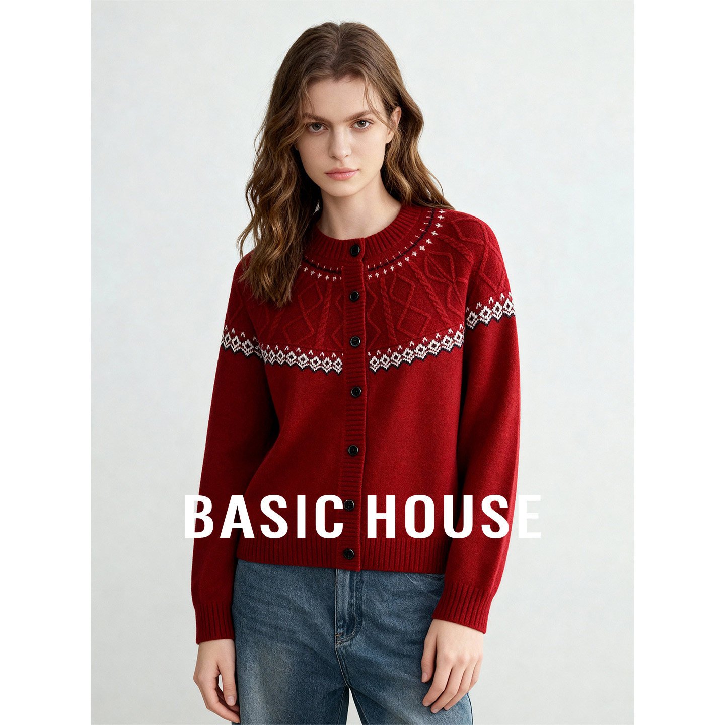 Basic House/百家好红色费尔岛圆领毛衣开衫春季新款宽松短款上衣