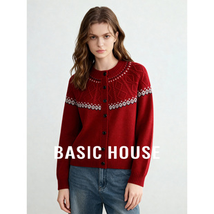 Basic House/百家好红色费尔岛圆领毛衣开衫春季新款宽松短款上衣