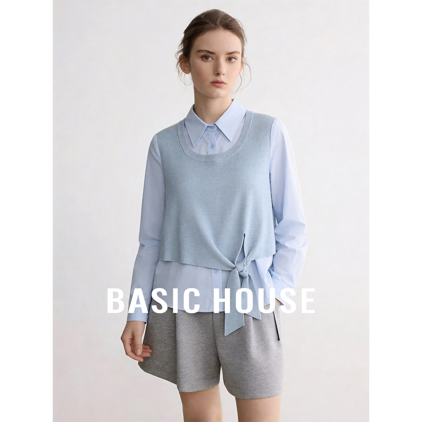 Basic House/百家好蓝色设计感长袖衬衫女秋季假两件百搭上衣内搭