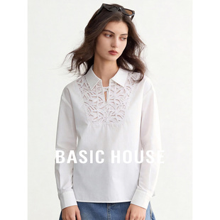 女早春精致长袖 百家好翻领白色简约提花设计衬衫 上衣 House Basic