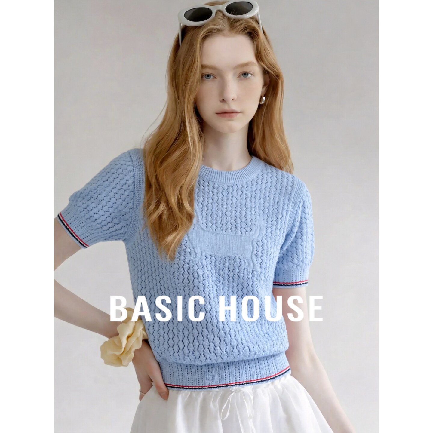 Basic House/百家好莱赛尔凉感镂空针织衫短袖女夏浅蓝色短款上衣