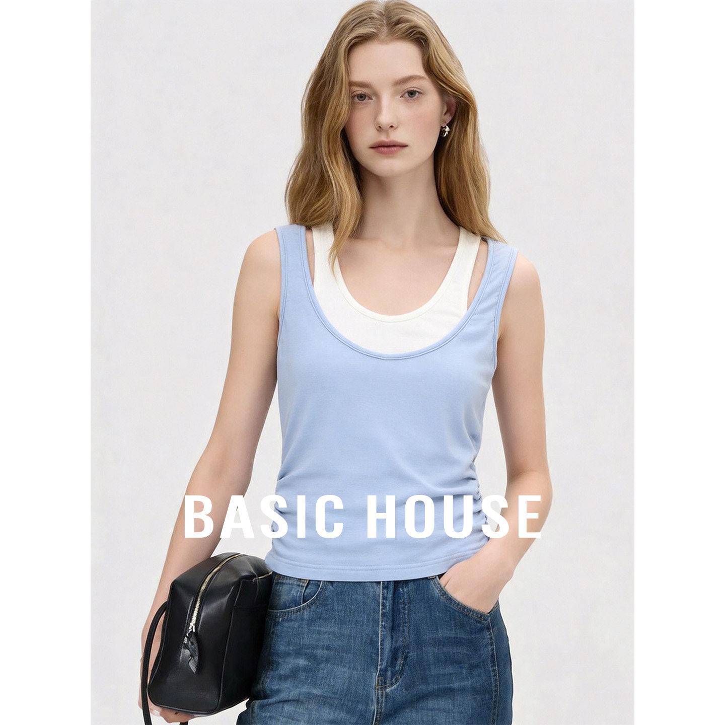 Basic House/百家好撞色假两件吊带背心春夏百搭新款U领套头上衣