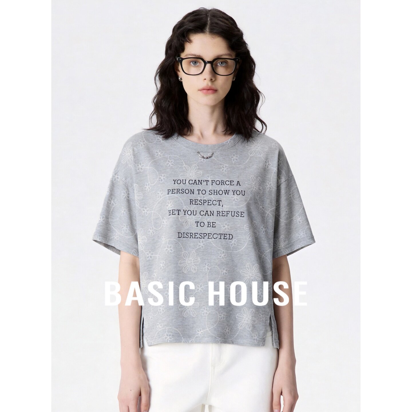 Basic House/百家好灰色美式字母刺绣短袖T恤女夏季宽松休闲上衣