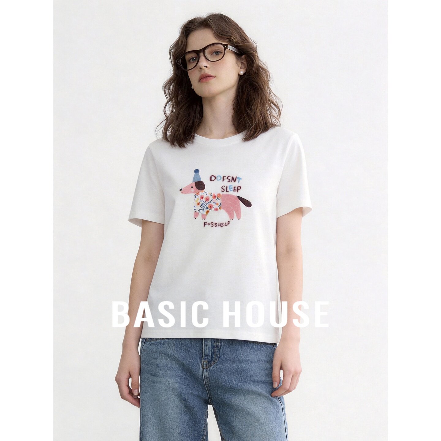 Basic House/百家好白色慵懒风卡通动漫刺绣短袖时尚百搭休闲短袖