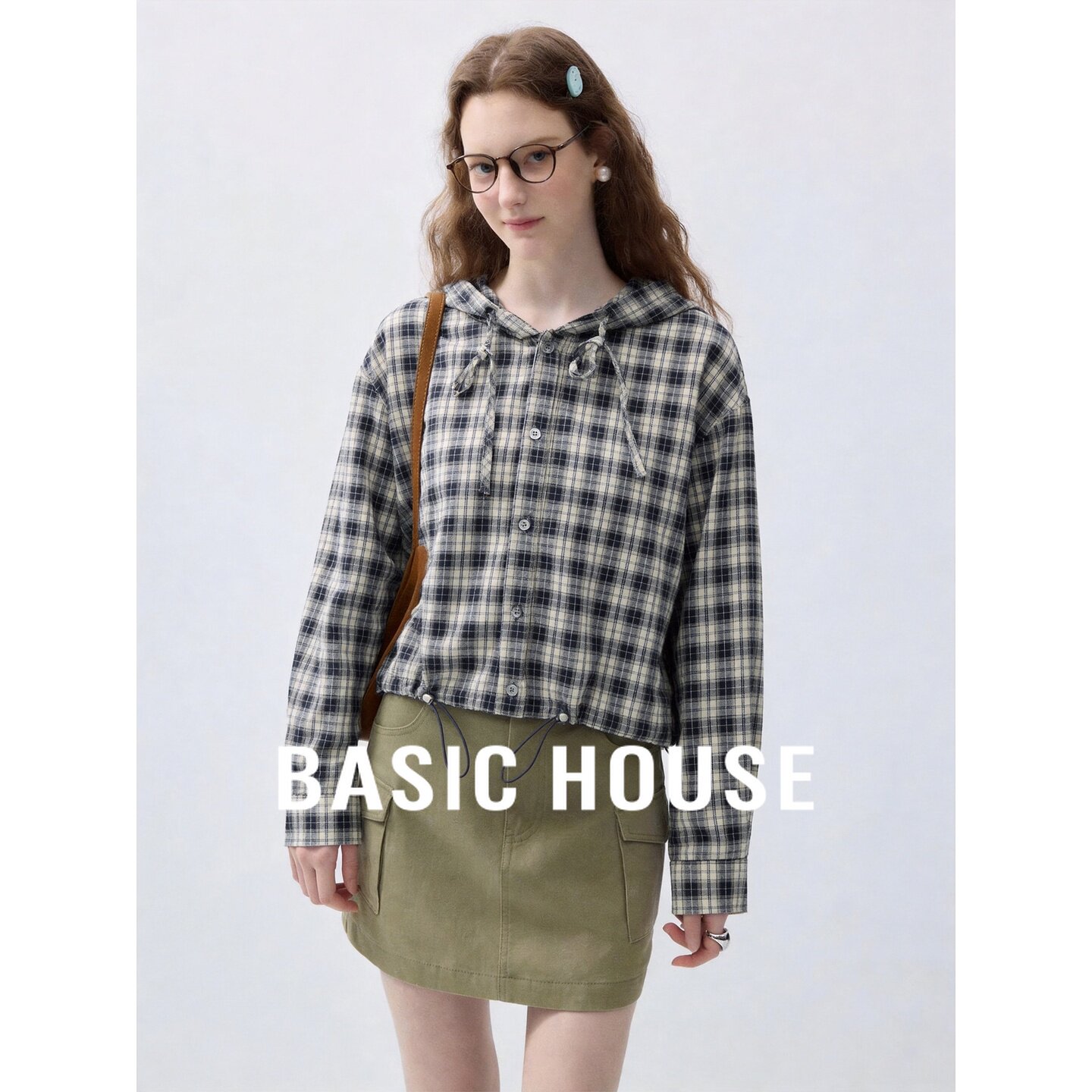 Basic House/百家好2026秋季纯棉藏格格纹连帽系带宽松衬衫短外套