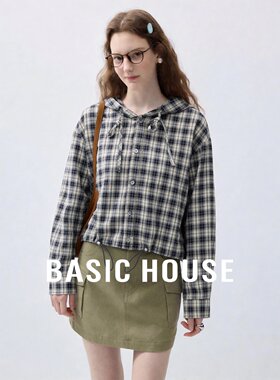 Basic House/百家好2026秋季纯棉藏格格纹连帽系带宽松衬衫短外套