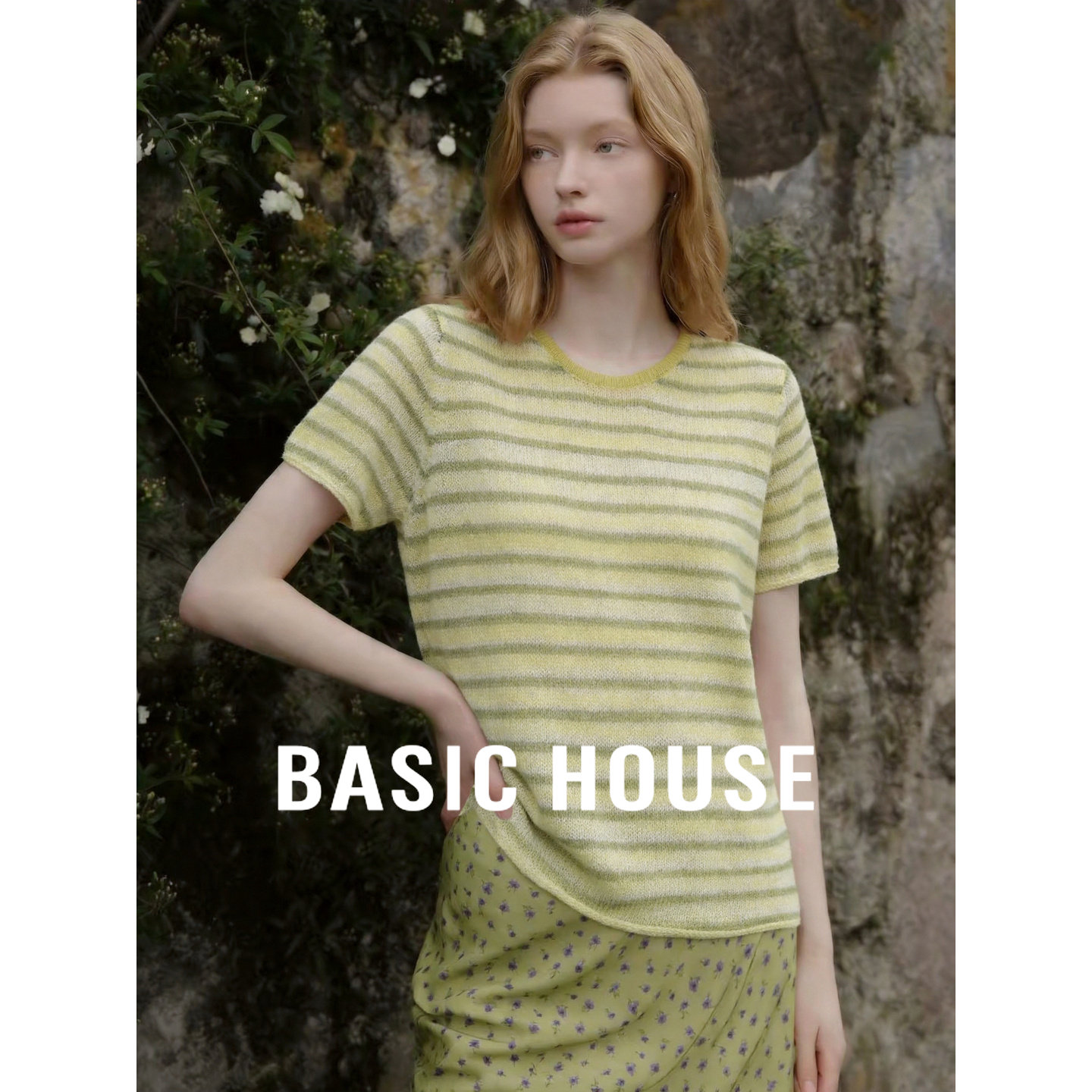 Basic House/百家好氧气感条纹圆领针织短袖女夏季宽松百搭上衣