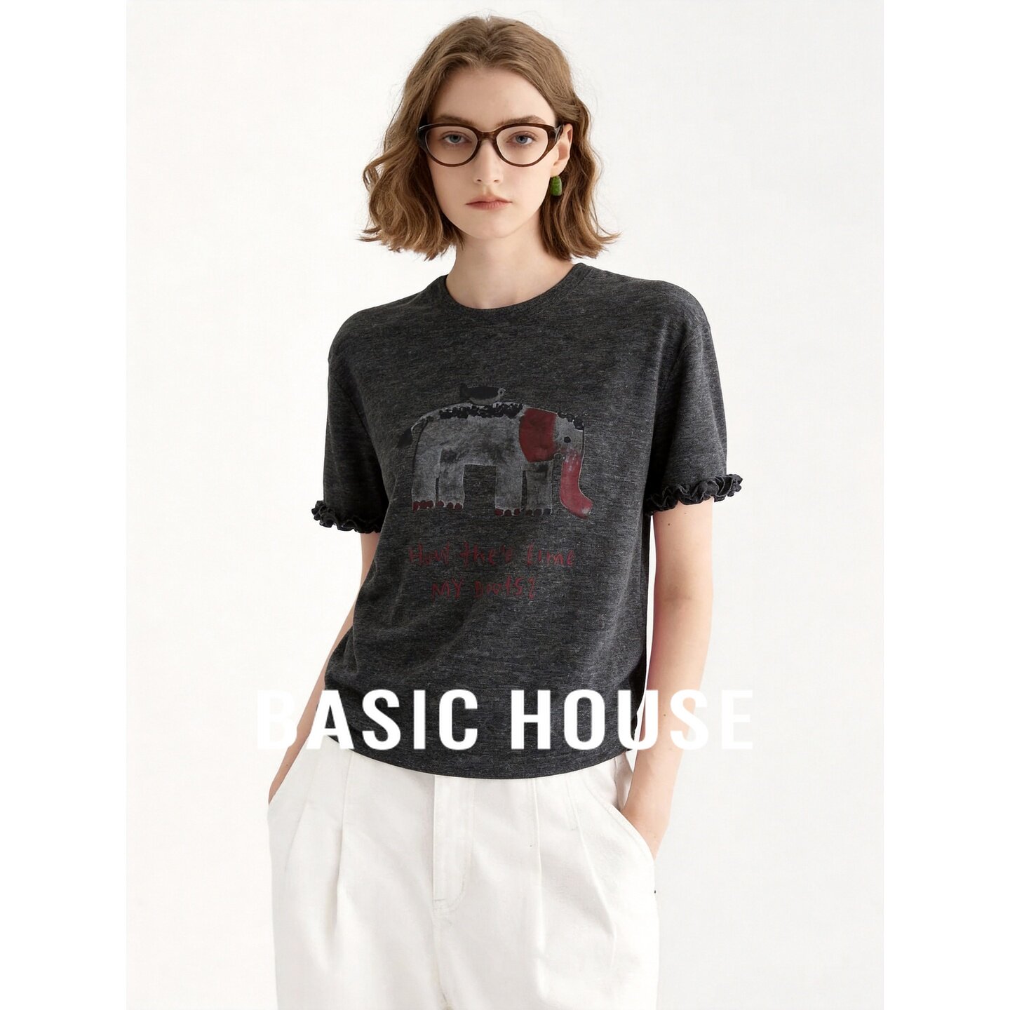 Basic House/百家好26灰色圆领小众设计感舒适百搭短款T恤女夏季