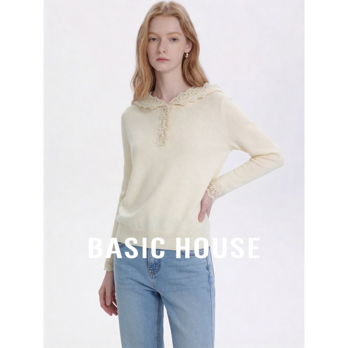 Basic House/百家好羊毛连帽蕾丝宽松套头珍珠扣长袖女秋温柔百搭