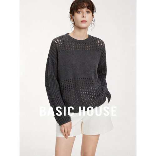 Basic House/百家好镂空针织毛衣圆领长袖宽松套头深灰色简约百搭