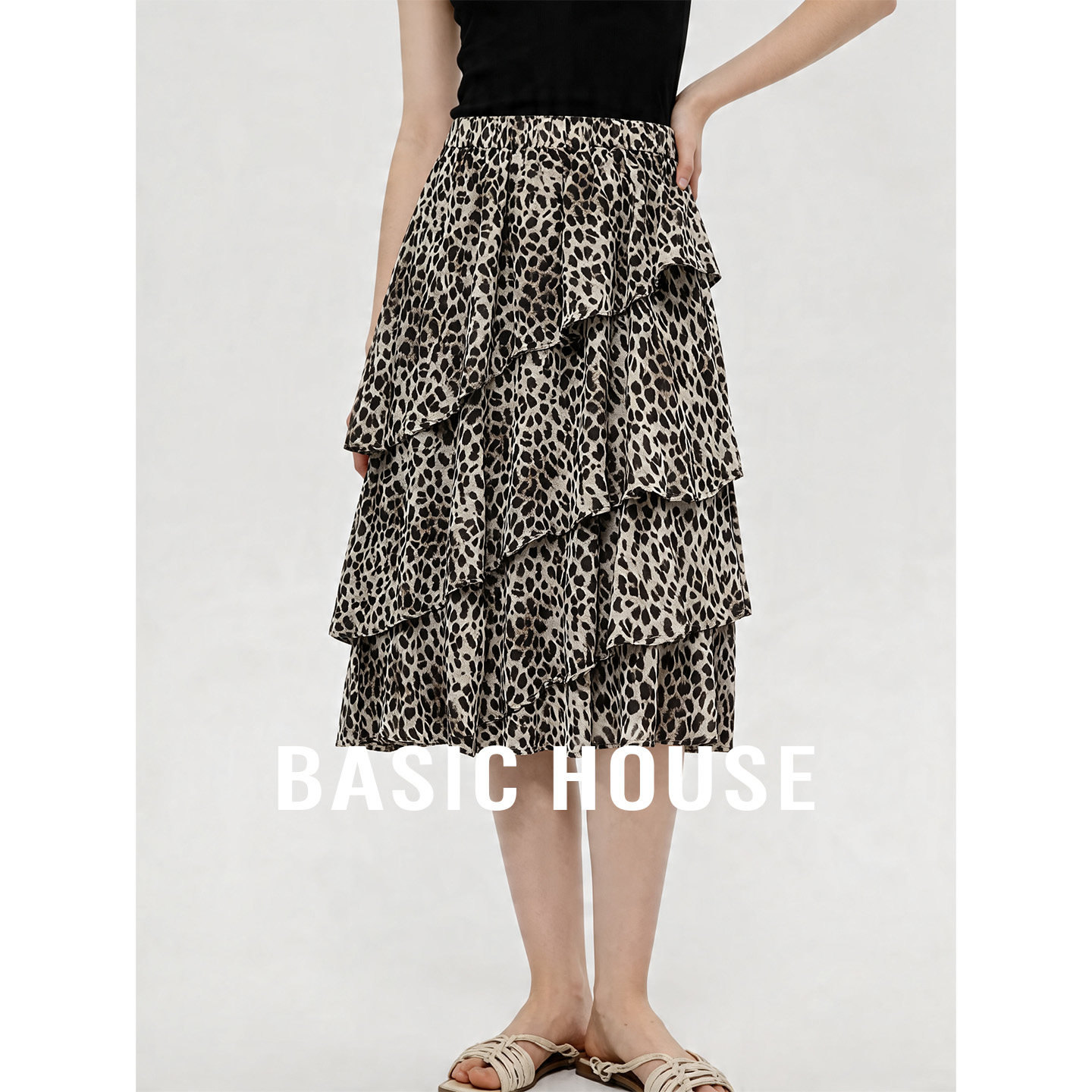 Basic House/百家好高腰豹纹设计感半身裙女夏季新款荷叶边蛋糕裙