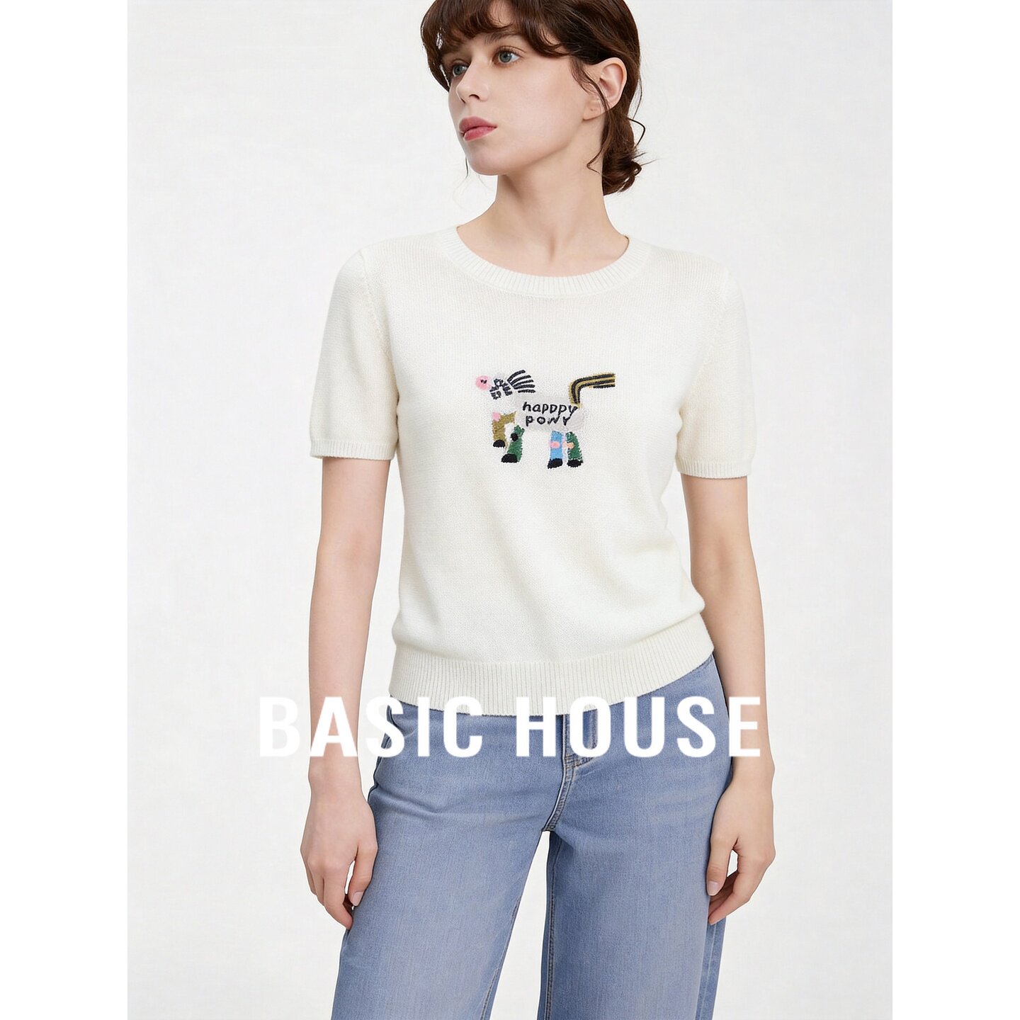 Basic House/百家好白色圆领短袖针织衫女2026夏亚麻轻薄短款上衣