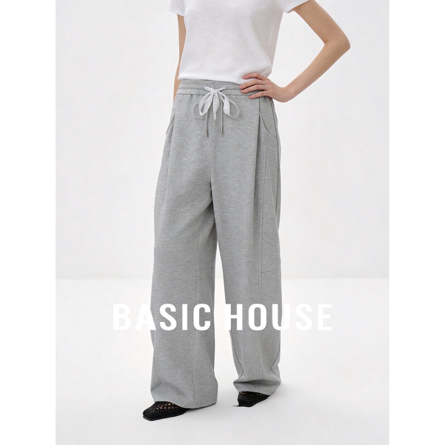 Basic House/百家好灰色双系带松紧腰抽绳休闲裤女宽松直筒运动裤