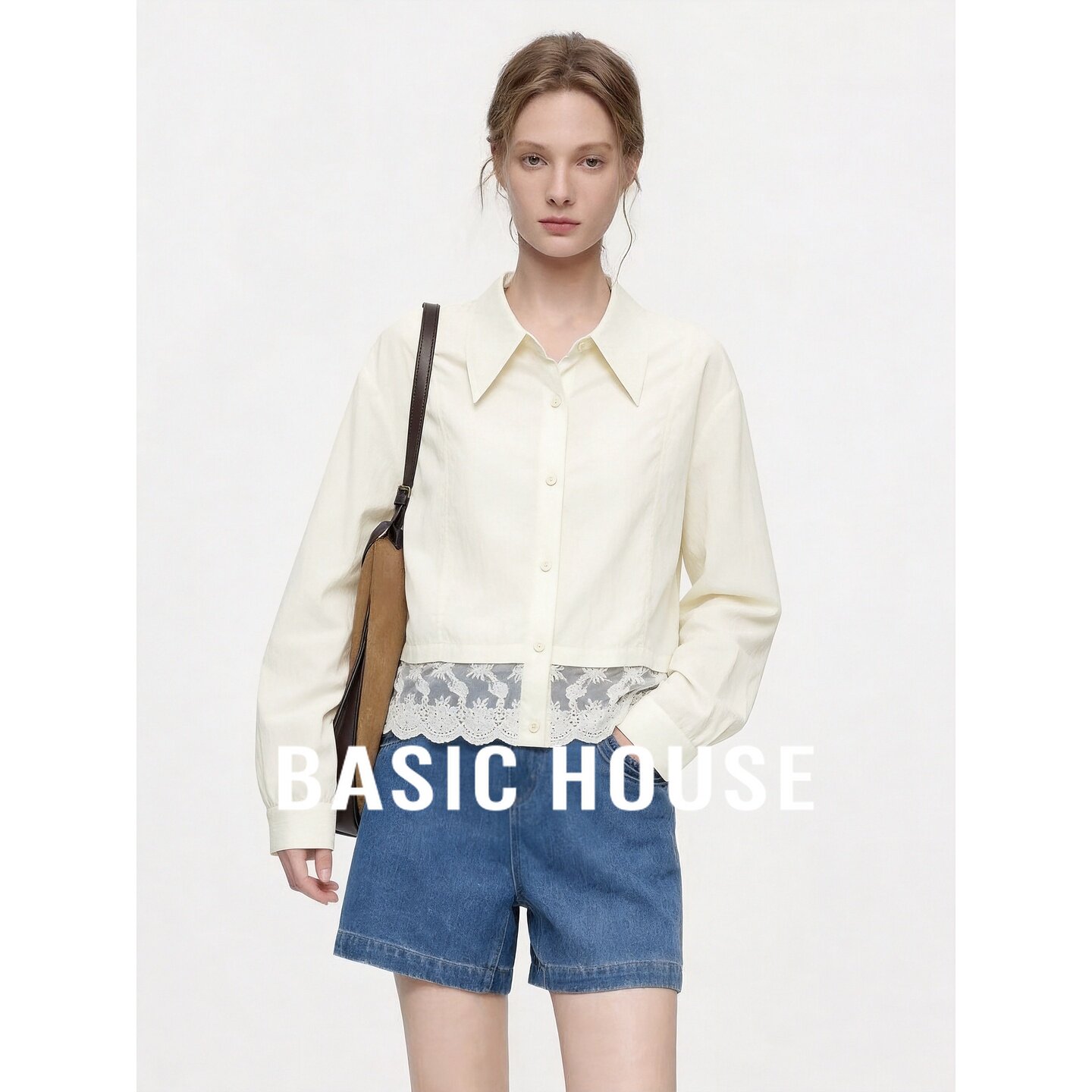 Basic House/百家好翻领长袖衬衫蕾丝拼接宽松女秋季米色简约百搭
