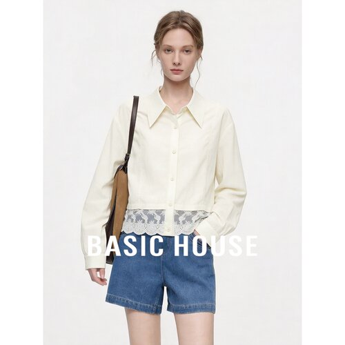 Basic House/百家好翻领长袖衬衫蕾丝拼接宽松女秋季米色简约百搭
