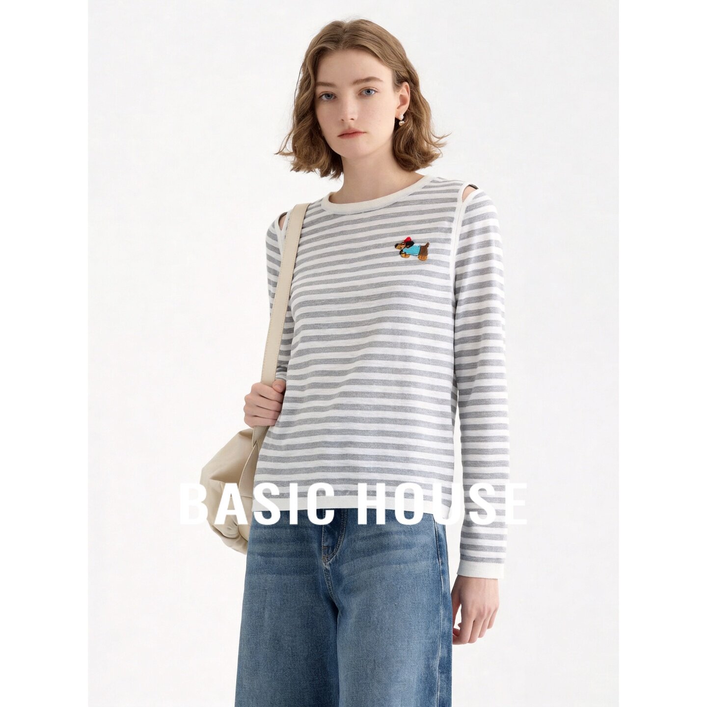 Basic House/百家好条纹露肩刺绣针织衫女长袖显瘦上衣设计感秋季