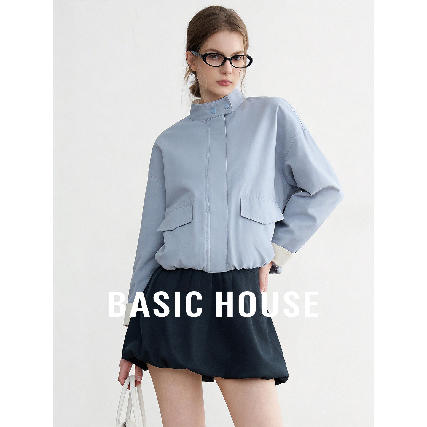 Basic House/百家好蓝色立领超好看短款外套女秋季新款气质上衣