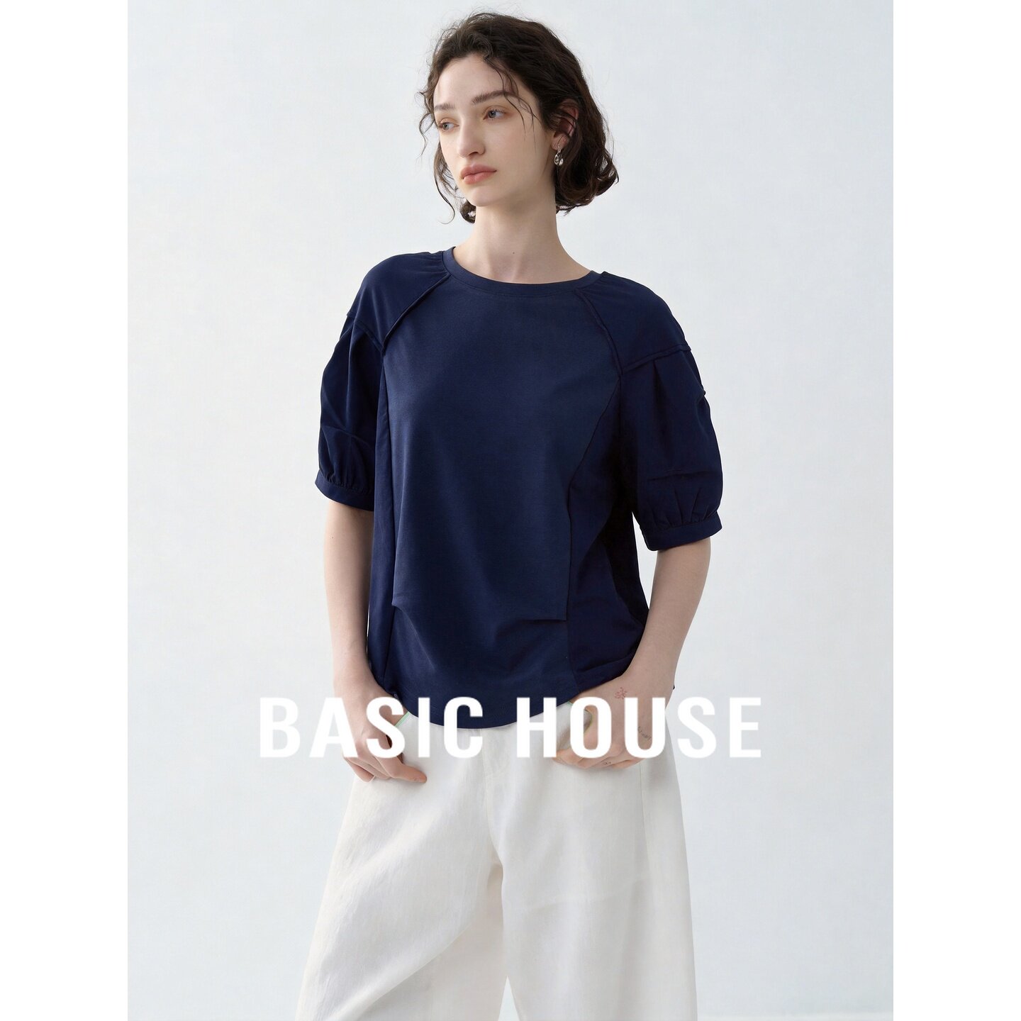 Basic House/百家好简约藏青色短袖T恤宽松圆领休闲风泡泡袖上衣