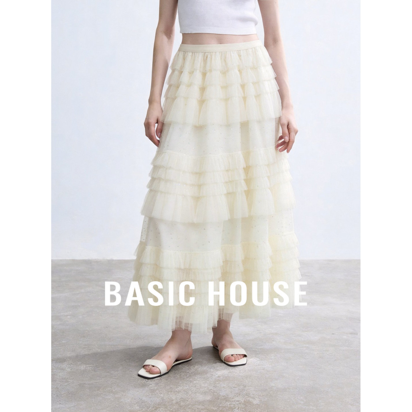 Basic House/百家好奶油风多层蛋糕裙女夏高腰显瘦网纱蓬蓬半身裙